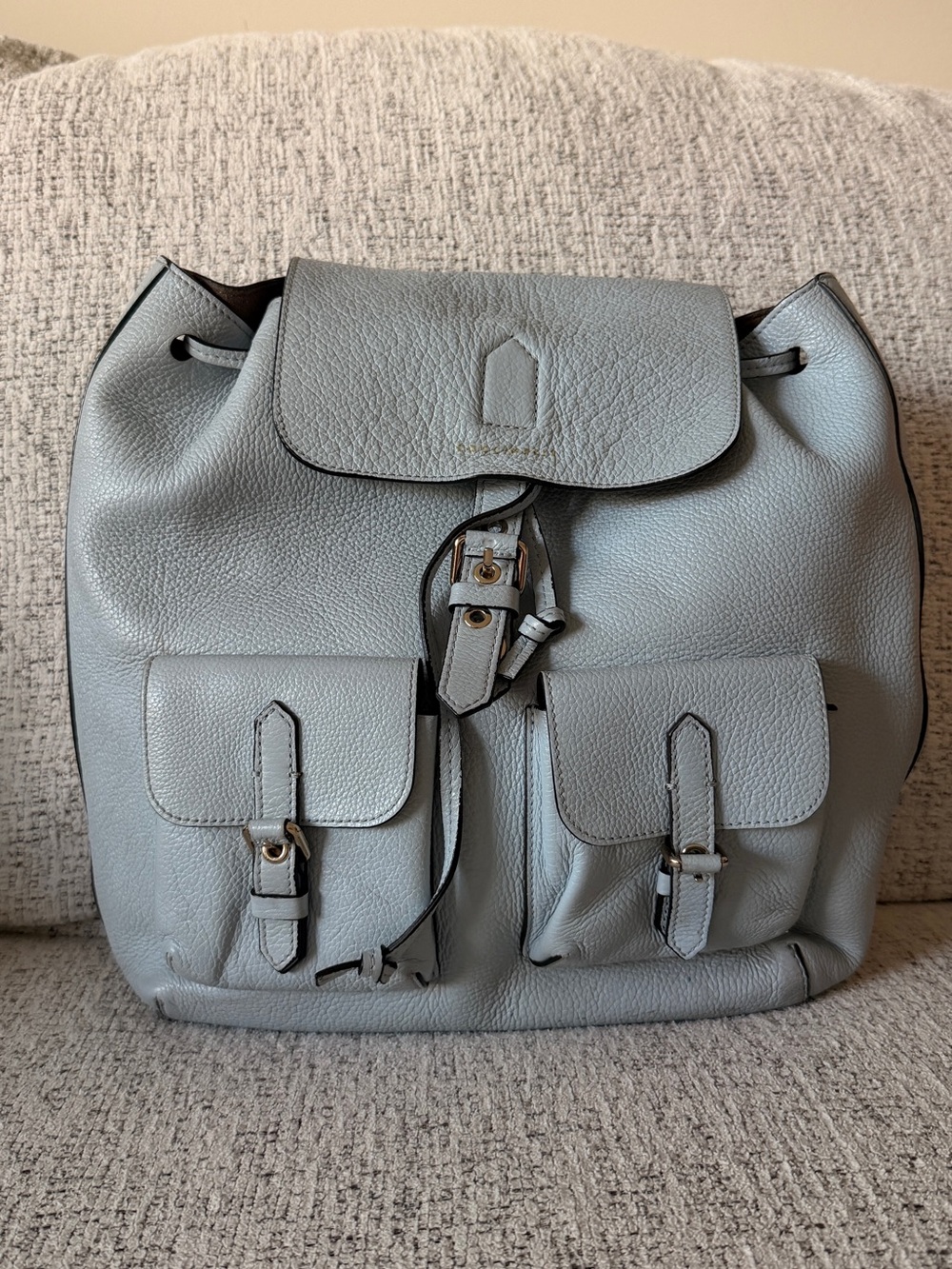Coccinelle Pebbled Leather Drawstring Backpack in Light Blue